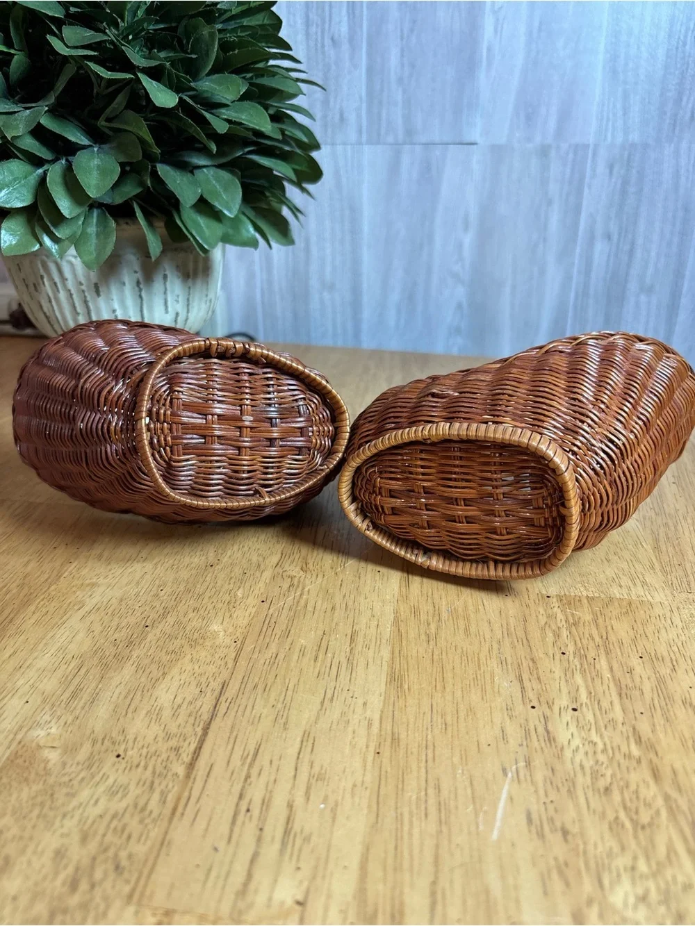 Vintage Pair of Mini Woven Wicker Chicken Baskets with Red Wooden Combs